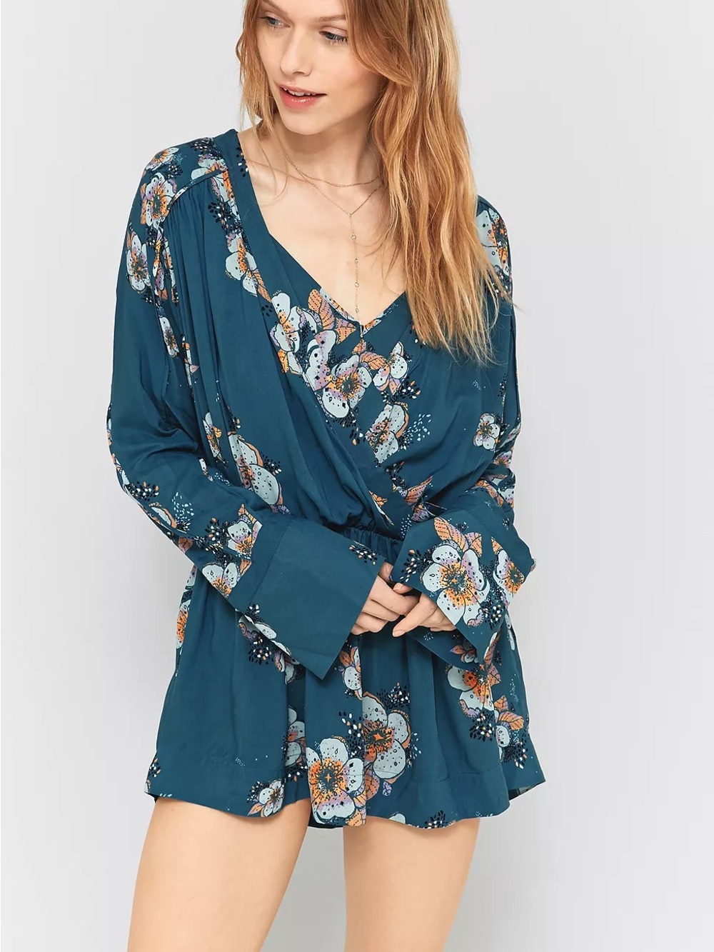 Free People Tuscan Dreams Floral Tunic Mini Dress Teal Blue Faux Wrap